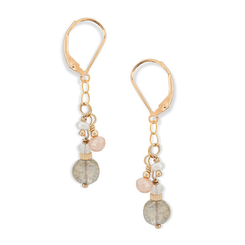 Freshie & Zero Chloe Labradorite earrings featuring shimmering, irregularly shaped labradorite stones with silver hooks.