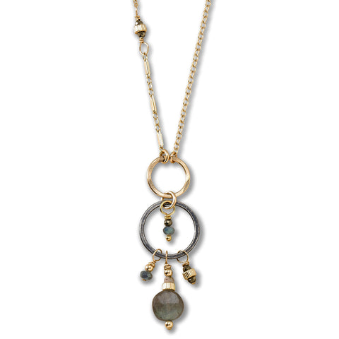 Portico Labradorite mixed gold chains necklace by Freshie & Zero featuring layered gold and labradorite gemstone strands.
