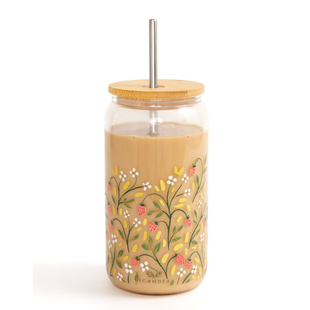 Strawberry Meadows Glass Coffee Cup by 1canoe2 - Freshie & Zero Studio Shop