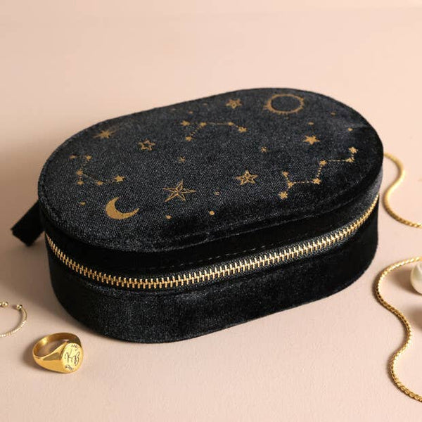 Starry Night Printed Velvet Oval Jewellery Case in Black - Freshie & Zero Studio Shop