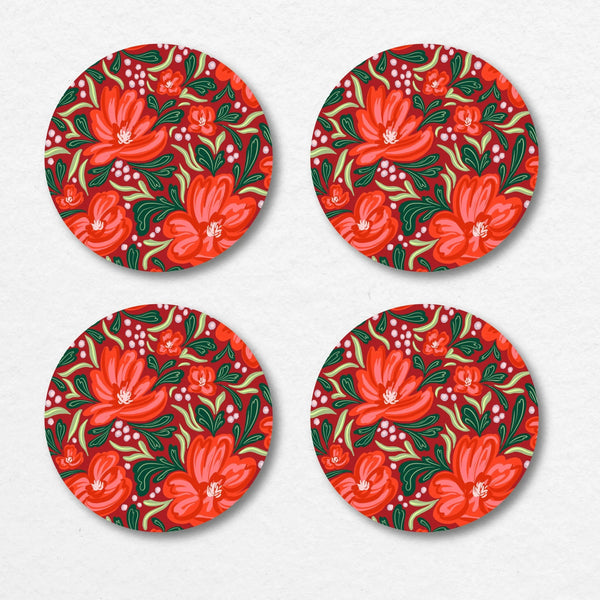 Holiday Red Floral Coaster Set - Freshie & Zero Studio Shop