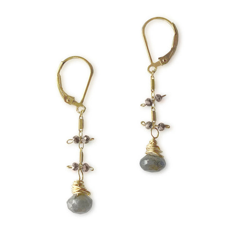 Gold Lily earrings with Labradorite and pyrite accents by Freshie & Zero, featuring floral-inspired jewelry design.