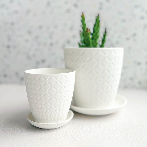 Patterned White Ceramic Pot & Saucer - Medium - Freshie & Zero Studio Shop